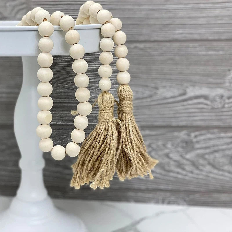 Wooden Beads Garland Farmhouse Wall Hanging Diy Handmade Garland Rattan Macrame Wall Hanging Bohemian Gift Tassels Decor Craft