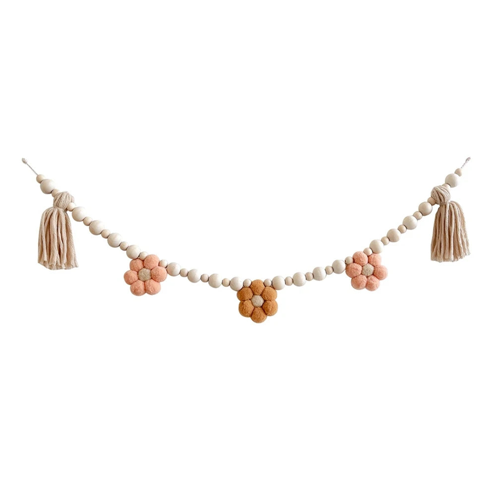 INS Hanging Wooden Beads Garland Boho Felt Daisy Tassel Wall Decoration Boho Baby Kids Room Decor Hanging Pendant Photo Props