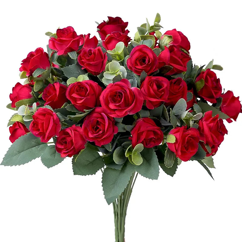 Tejesa 30cm 10Heads Artificial Red Roses Flower Bouquet Home Living Room Office Desktop Ornament Fake Flowers Wedding Party Decor