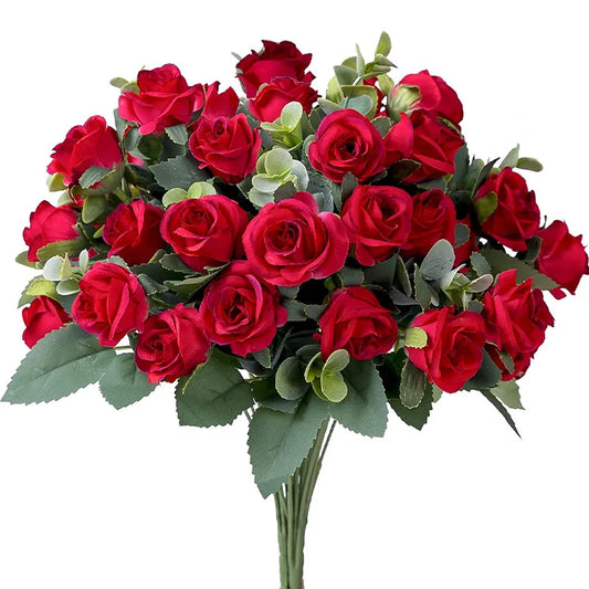 Tejesa 30cm 10Heads Artificial Red Roses Flower Bouquet Home Living Room Office Desktop Ornament Fake Flowers Wedding Party Decor