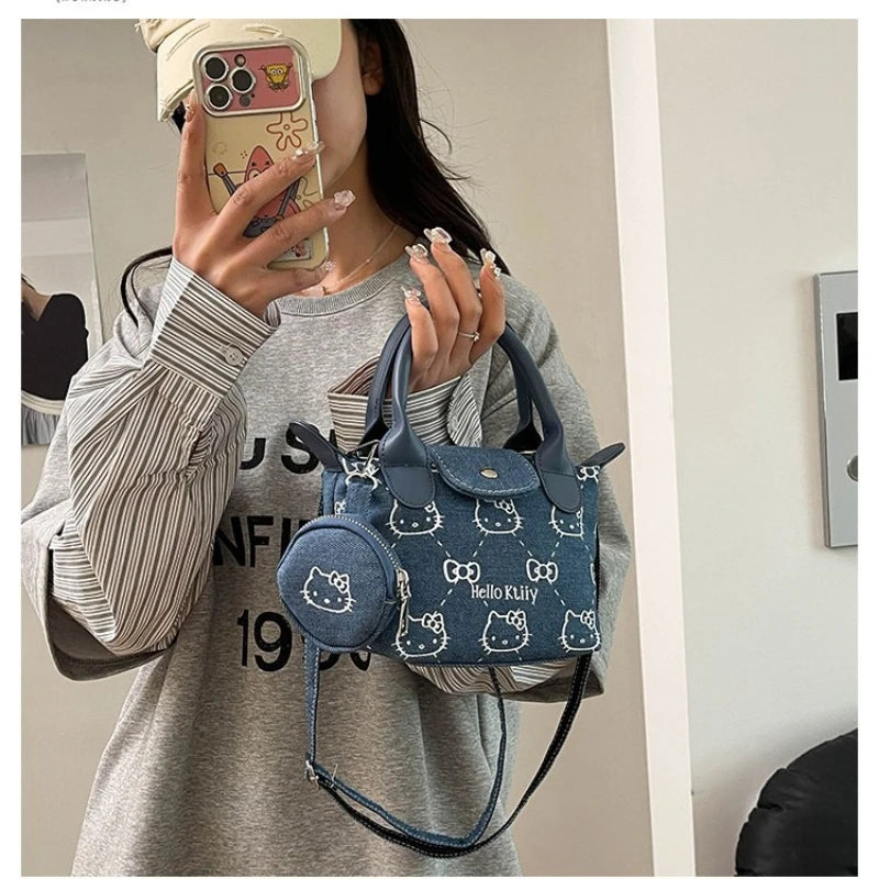 Cute Sanrio Hello Kitty Bag Denim Handbag Cartoon Printed Crossbody Bag Cosmetic Shoulder Bag Women Girls Makeup Organizer