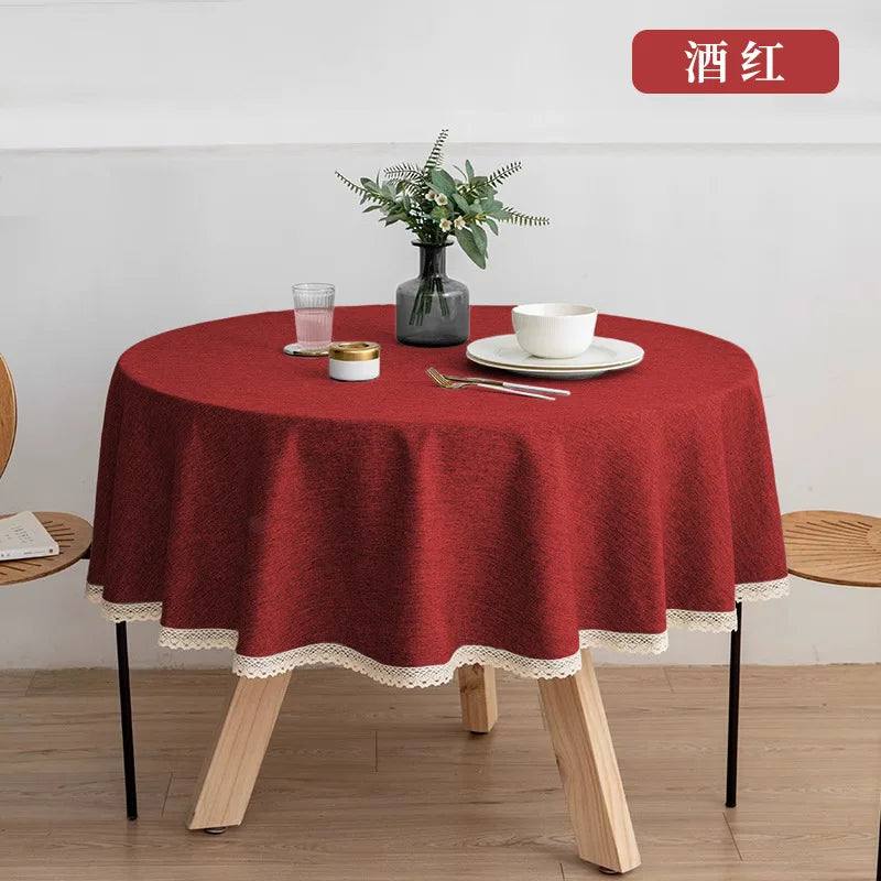 New Large Round Tablecloth Solid Color Cotton Linen Waterproof Table Cloth Oil-Proof Table Cover for Kitchen Garden Restaurant