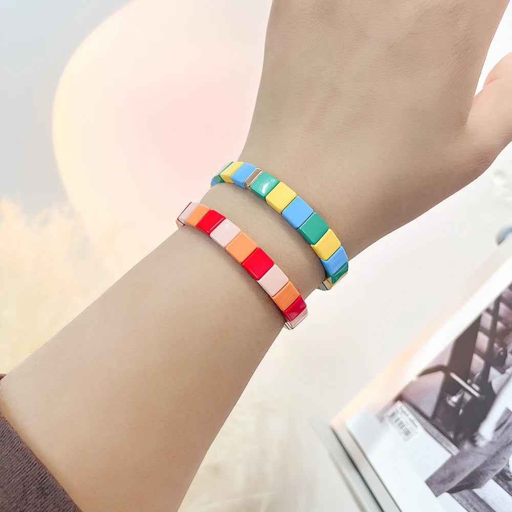 ZMZY Design Elegant Enamel Ladies Rainbow Bracelet Bangle Boho Geometric DIY Bead String Stretch Bracelet Jewelry Wholesale