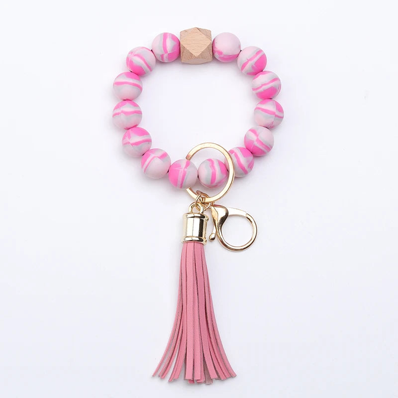 Hemasa  Silicone Bead Bracelet Tassel Keychain Colorful Stripes  Bead  Bag Key Pendant Gifts