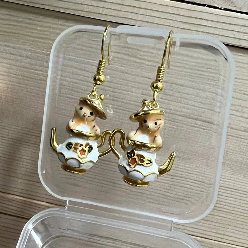 Unique Chipmunk Teacup Earrings Creative Design Exquisite Luxury Enamel Earrings Gifts Women Statement Jewelry  Cute Cat Earring