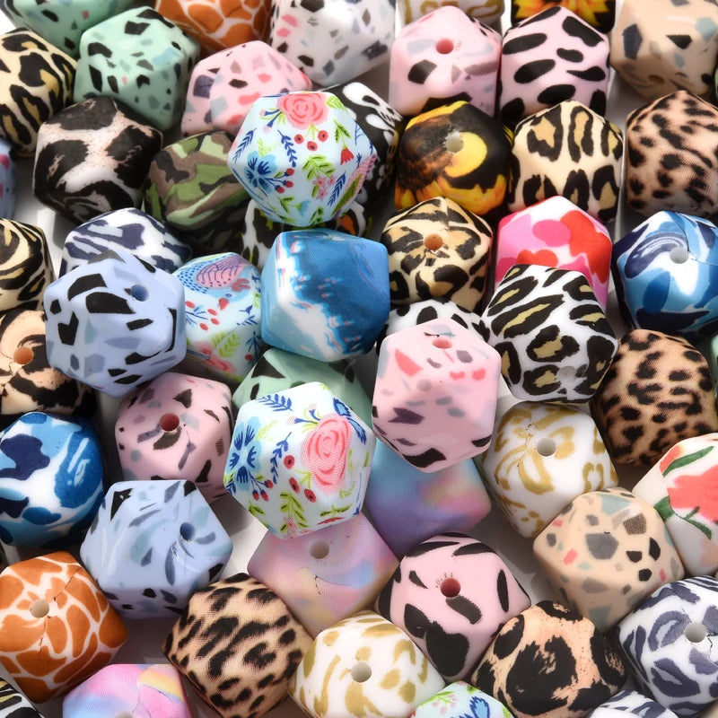 10Pcs Octagon Silicone Beads Leopard Print Teething Loose Beads For Care Teether Toy DIY Baby Necklace Bracelet Pacifier Chain