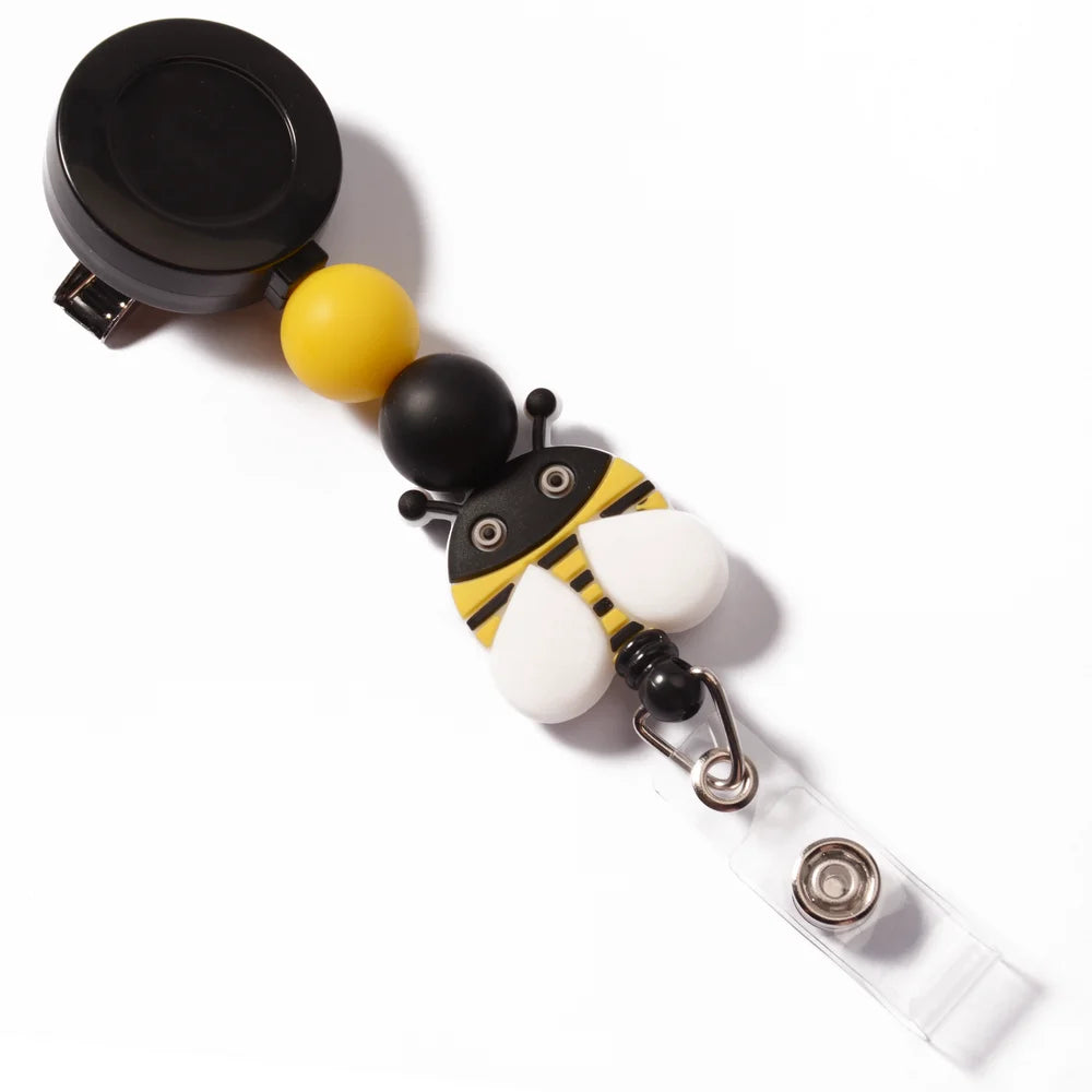 2024 New Fashion Cute Cows Bee Retractable Badge Reel Silicone Bead Teacher Nurse Badge Reel ID Card Holder Valentine's Day Gift