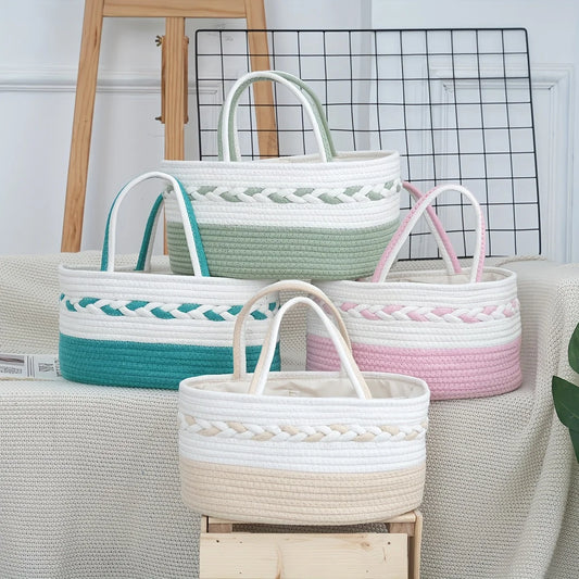 1 Bohemian rope woven storage basket with woven handle, large capacity foldable storage bag