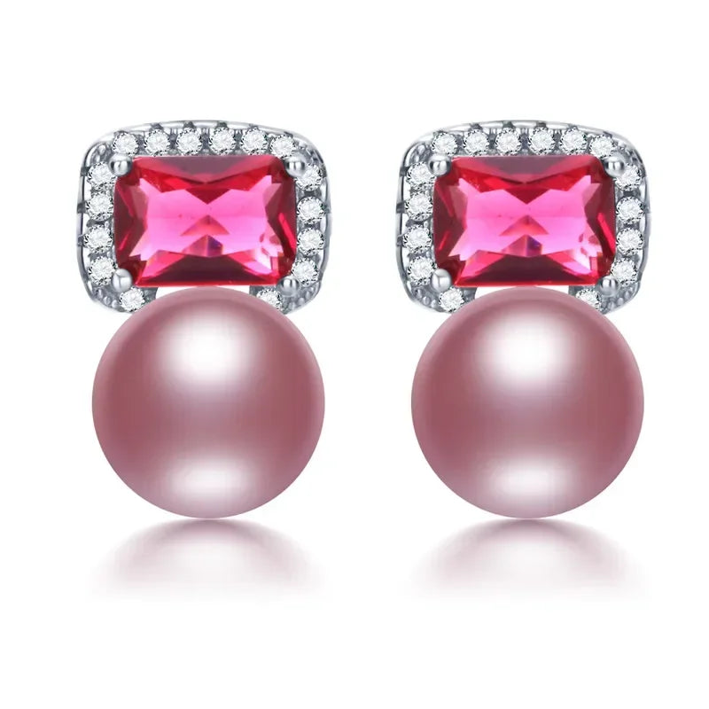 High Quality Red Zircon 925 Sterling Silver Earrings Jewelry 100% Genuine Natural Freshwater Pearl Stud Earrings for Women