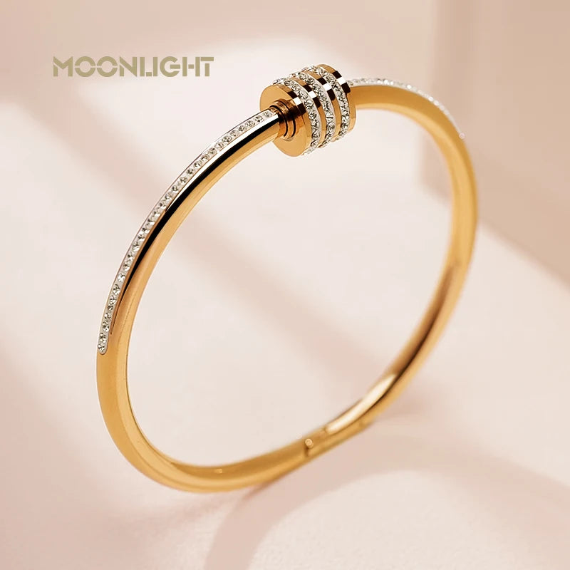 Hemasa  Classic Stainless Steel Zircon Bangle For Women /Circular Screw Bracelet