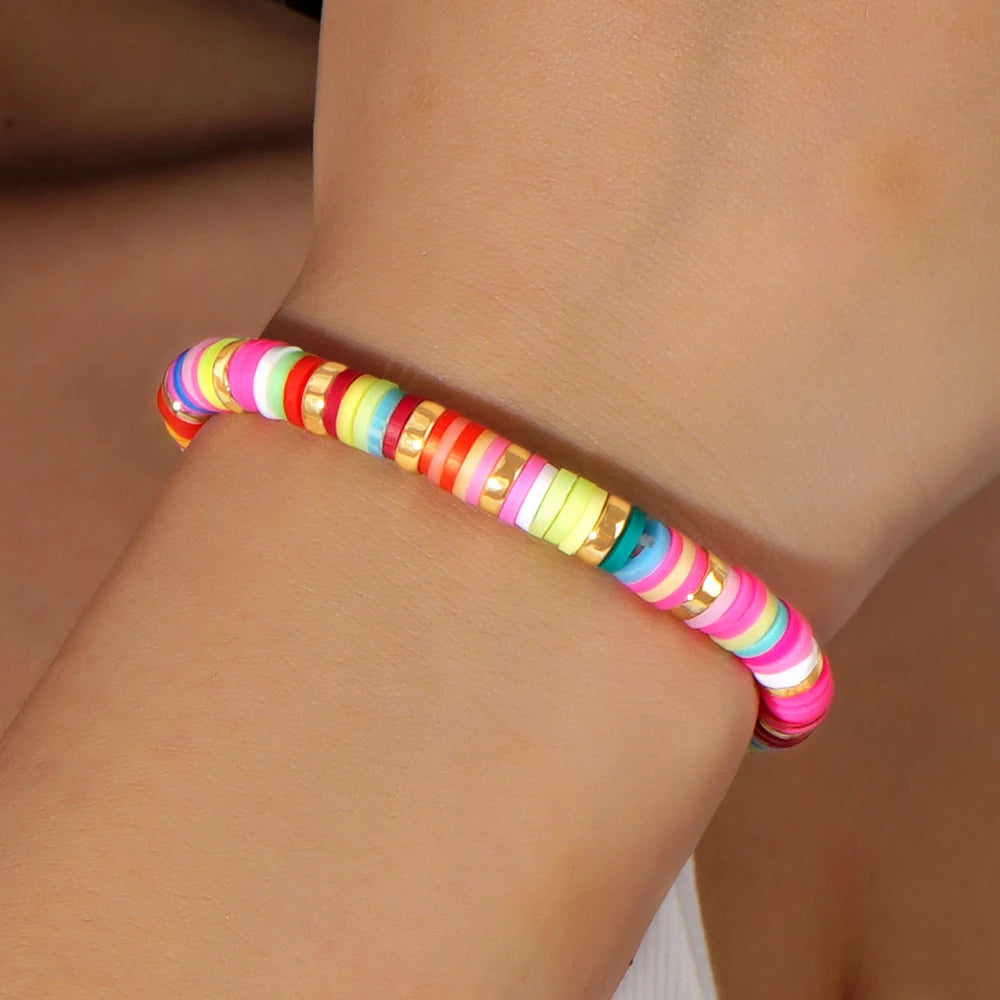 Hemasa Multi Colour  Polymer Clay  Beads Bracelet  with Gold  Disc for Women