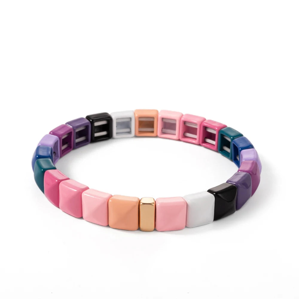 Tejesa Colorful Enamel Square Shape Rhombus Faced Bohemain Geometric Elastic Bracelets For Women
