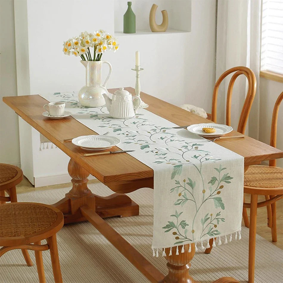 Tejesa Embroidery Tassel Table Runner,Cotton Linen Thicken Fabric ,Kitchen Dining Room coffee Table Restaurant Decor Supplies