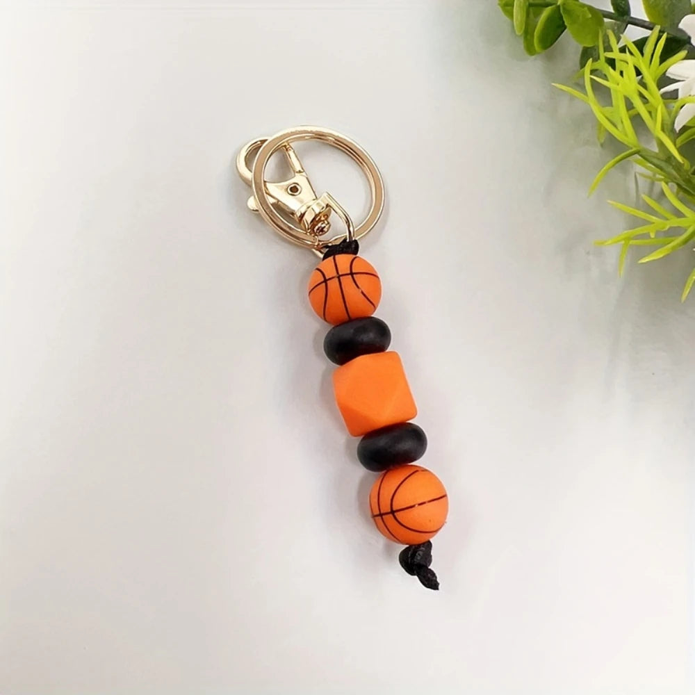 LOFCA Basketball Football Silicone Beaded Keychain Handmade Wood Beads Keychain Charm Backpack  Pendant  Accessories Keyring