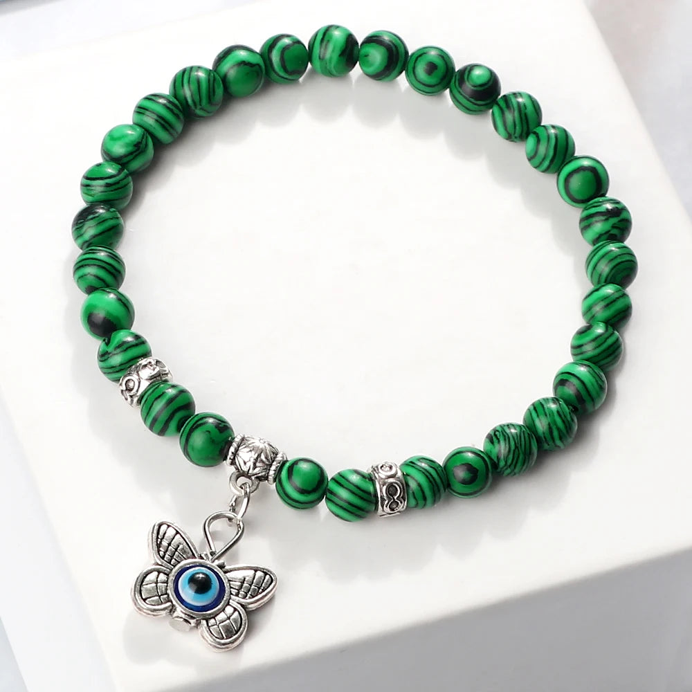 Heamsa 6mm Beads Bracelet with Butterfly  Charm for Women