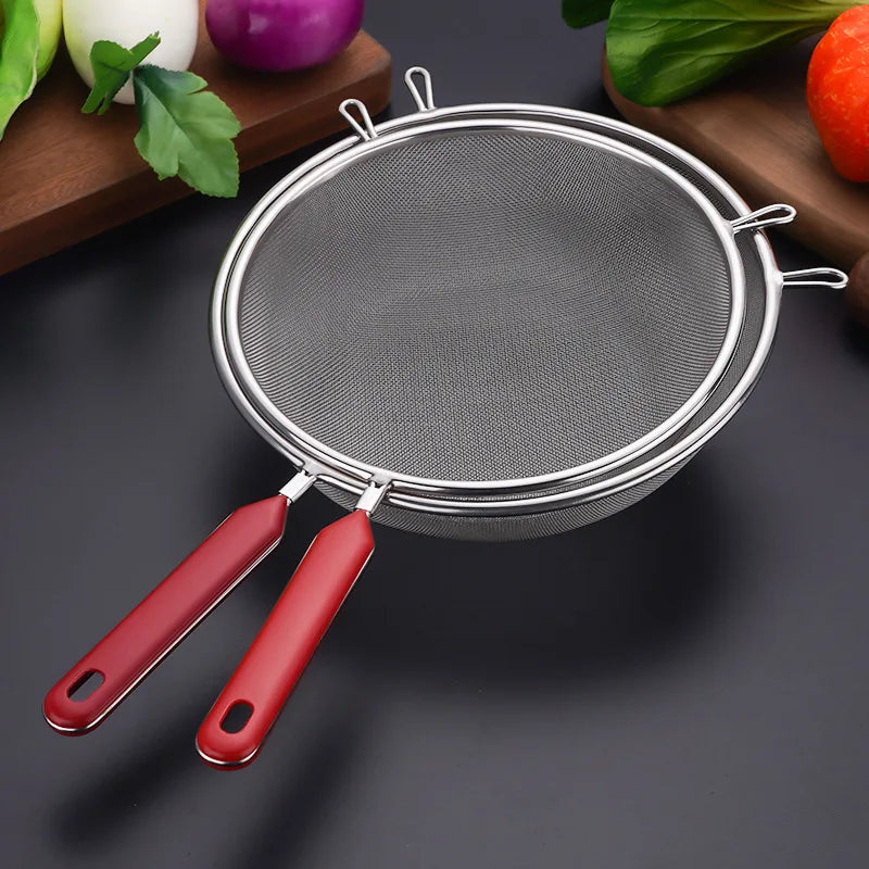 10 Sizes 201 Stainless Steel Strainer Colander Fine Mesh Oil Skimmer PP Red Handle Food Noodles Flour Sieve Frying Scoop
