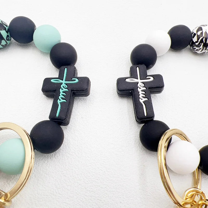 Amazon Hot sell Creative Silicone Beads Hand Stream Wood Big Bead Wrist cross leopard Key Chain bag Pendant Bracelet Keychain