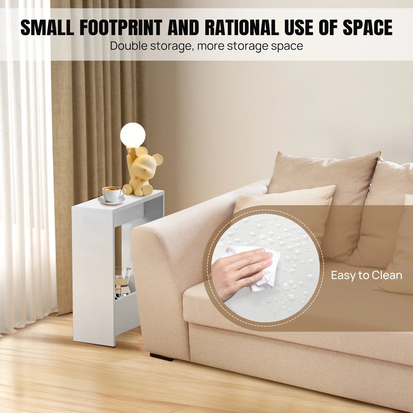 EFAN Side Table Slim End Table for Small Spaces, Narrow Bedside Table with Magazine Rack for Bedroom Living Room , Office, White