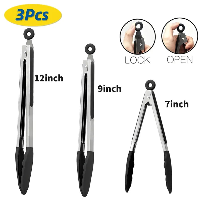 1/3Pcs Silicone Stainless Tong Steel Anti Scalding BBQ Food Tongs Non-Stick Resistant Barbecue Tongs Salad Tong 7/9/12inch