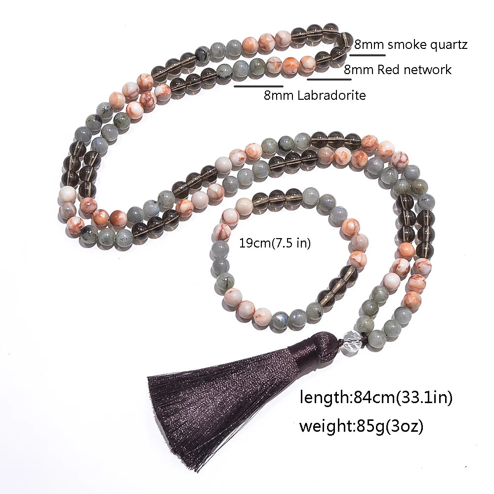 8mm Labradorite Smoke Quartz Beaded 108 Mala Necklace Bracelet Jewelry Set Meditation Yoga Prayer Japamala Rosary