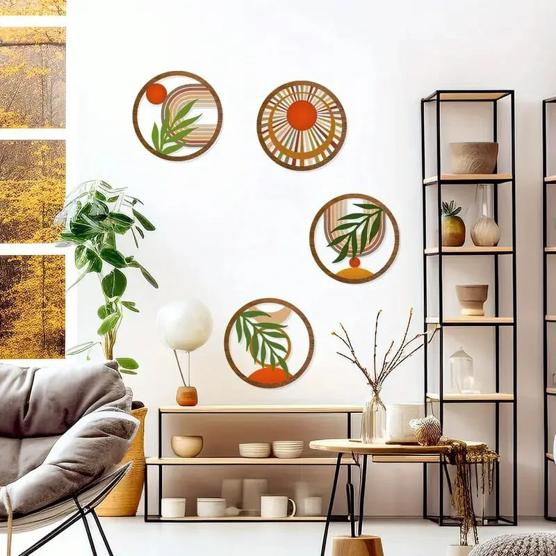 Hemasa 4Pcs Bohemian Wooden Wall Art Decorations Hollow Design Hanging for Living Room Bedroom Courtyard - Unique Decorative Pieces