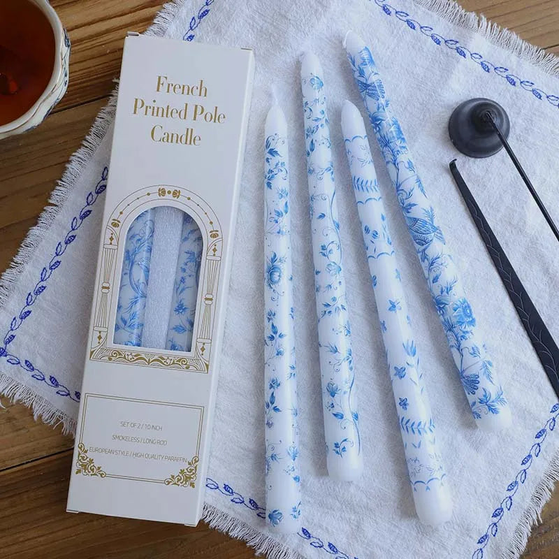 7.5'' Long Wedding Candles French Hand-Printed Pole Candle Long Taper Dinner Candles for Minimalist Home Decorative Candles