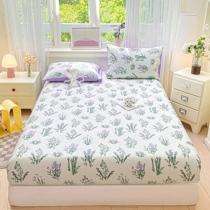 Pure Cotton Fitted Sheet Single Double Queen Size Printed Mattress Cover With Elastic Band Bedsheet Soft Comfortable Fitsheet