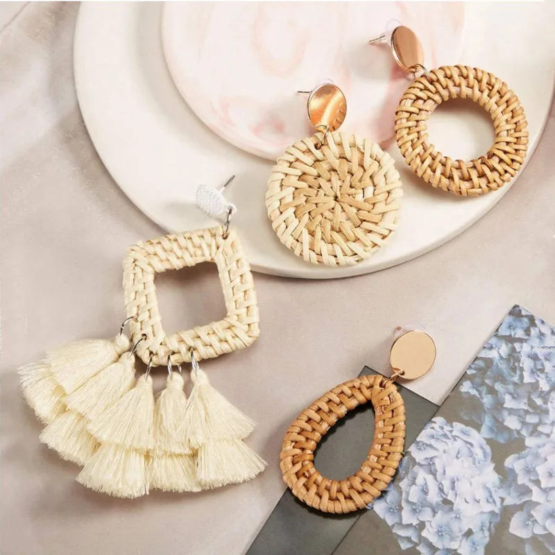 4 Pairs Handmade Raffia Rattan Bohemian Round Drop Dangle Earrings for Women, Boho Statement Cute Fun Hoop Earrings Set