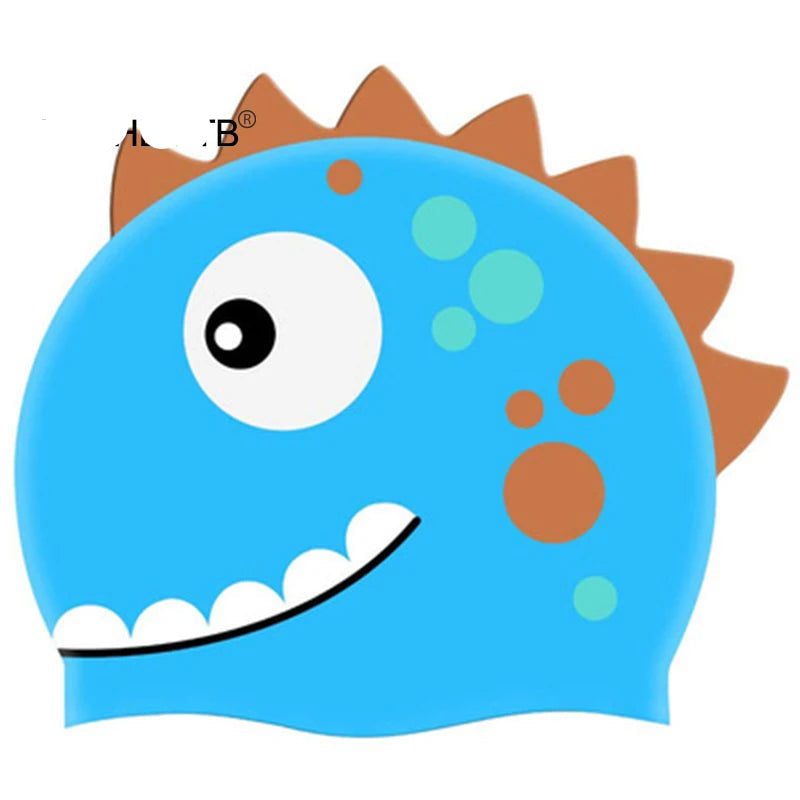 Hemasa Cartoon Silicone Swimming Cap /Waterproof Dinosaur Long Hair Sports Swim Pool Hat  Adults & Children Elastic Swimming Cap