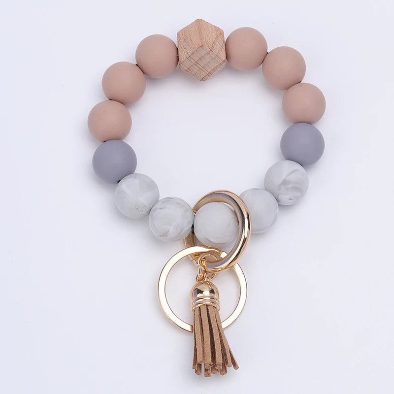 New Anti-Loss Women Wristlet Bracelet Keychain Silicone Round Beaded Keyring For Lobster Clasp Keychain Jewelry Bracelet