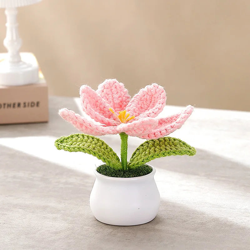 Hemasa Kintted Flower Potted Mini Artificial Flowers/Plant Hand Woven Crochet Tulips Flowers
