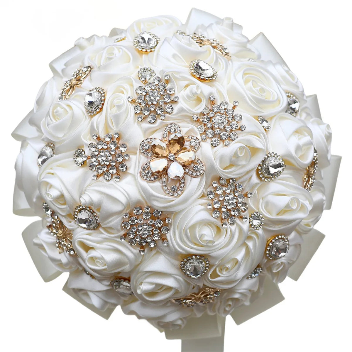 Tejesa Ivory Champagne Bridal Wedding Bouquet with Crystal Artificial Silk Rose Flower Bouquet for Quinceanera Bride Wedding
