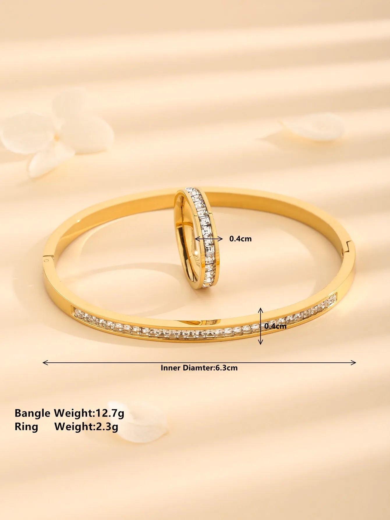 Gold Plated Crystal Belt Bangle Ring Cubic Zirconia Titanium Steel Classic Jewelry Set For Girl Women's Gift
