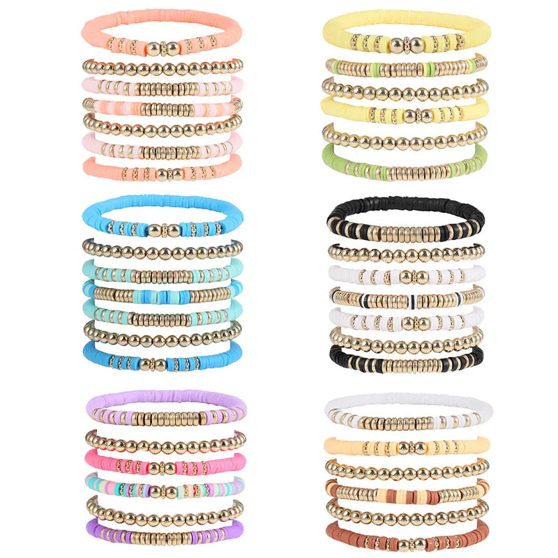 Hemasa 6/7pcs Bohemian Polymer Clay Bracelets Set for Women  /Multilayer Elastic Colorful Beads Bracelet