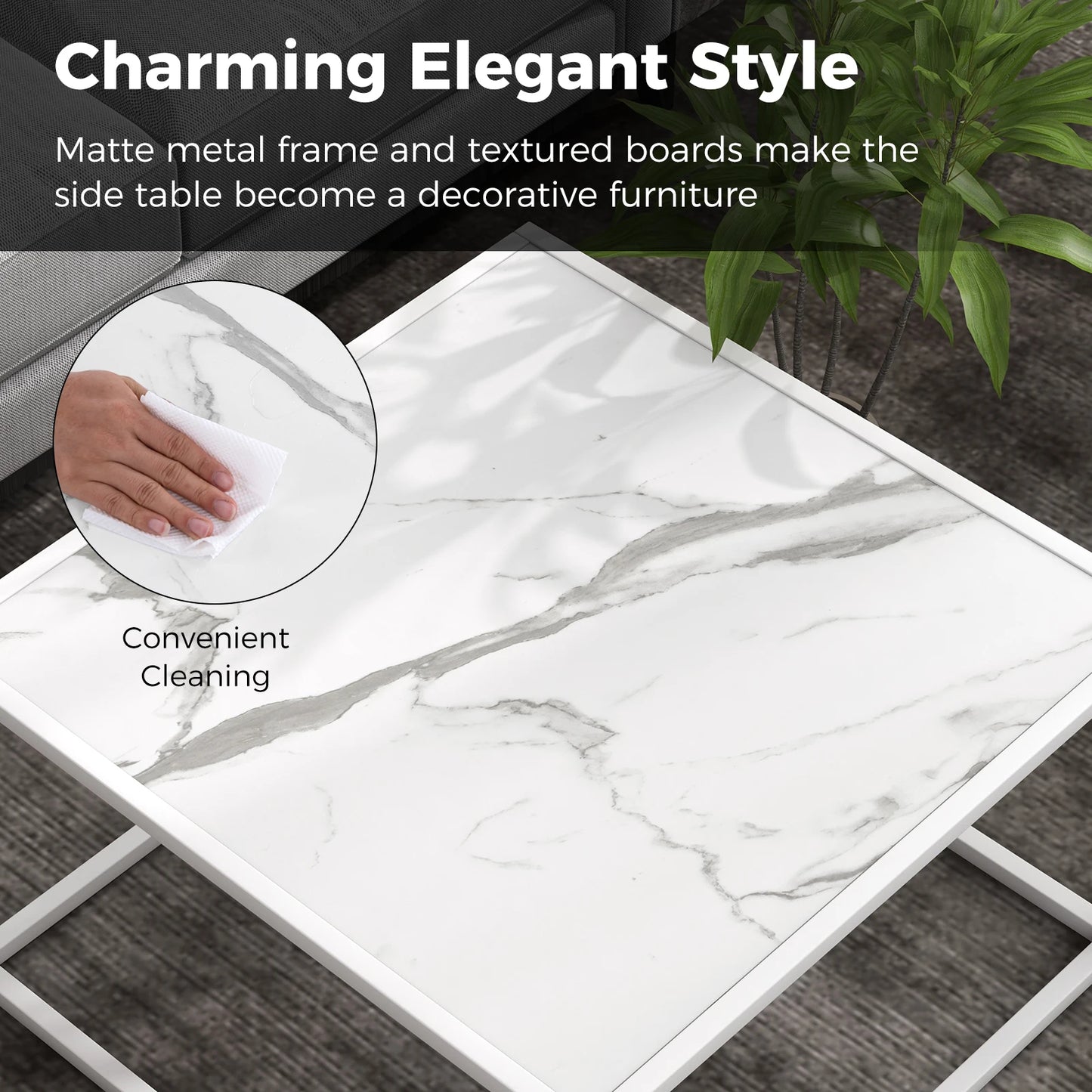GOFLAME Modern Square Leisure Coffee Table Sofa Side End Table with Faux Marble Tabletop