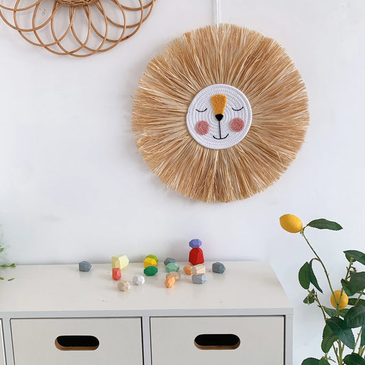 Nordic Nursery Baby Girl Boy Room Decor Raffia Straw Bear Face Wall Hanging Handmade Bear Lion Nursery Hanging Decor Gifts