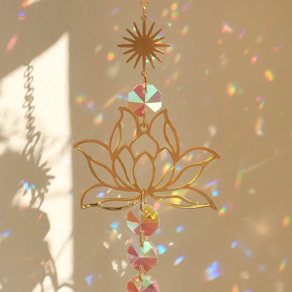 Hemasa Lotus Sun Catcher Crystals Rainbow Hanging Suncatcher /Chakra Light Catcher Stained Glass Prism for  Window /For Outdoor /For Garden Decoration