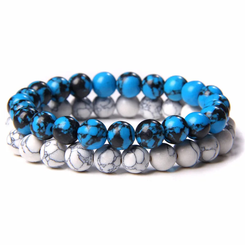 2pcs/set Beaded Bracelet Natural Stone Tiger Eye Hematite Beads Bracelet Men Energy Elastic Rope Bracelet Jewelry Couples Gifts