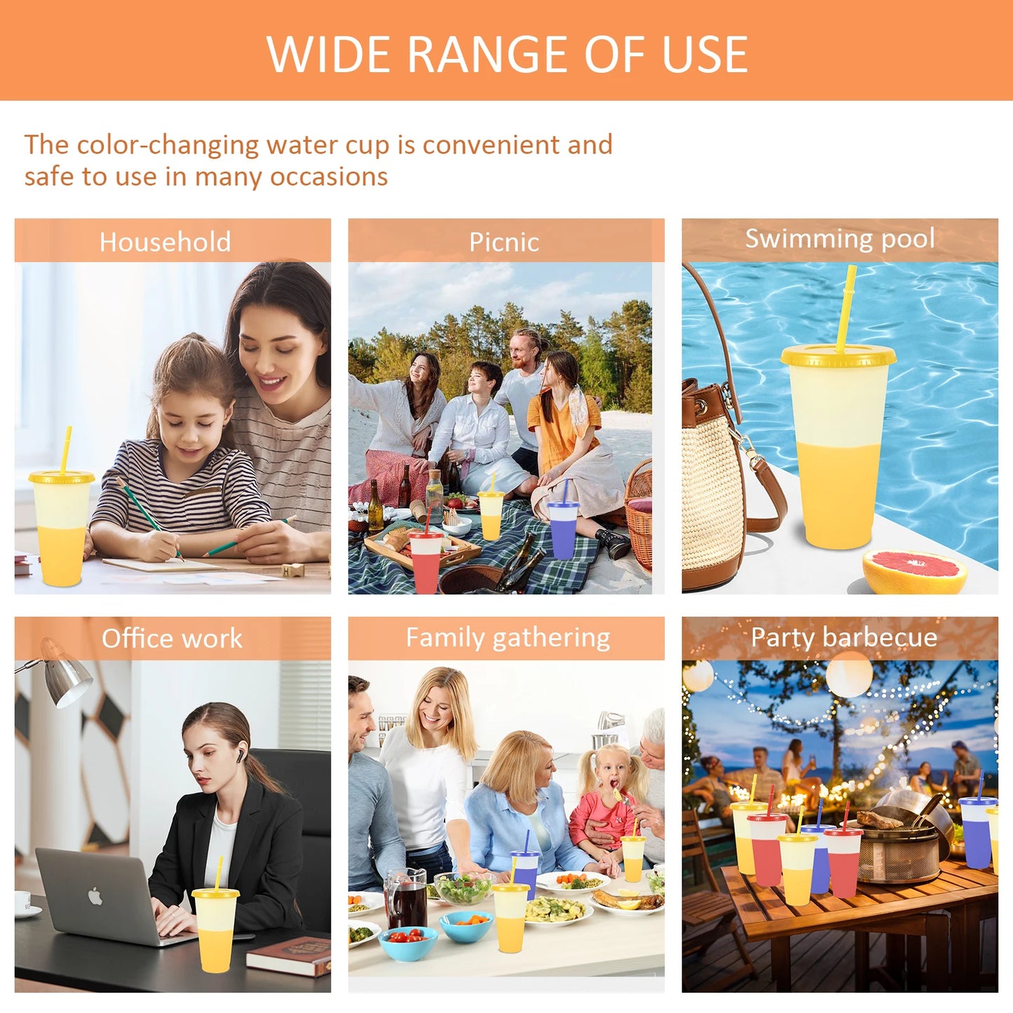 Tejesa  10Pcs Color Changing Cup Food Grade Plastic Straw Tumbler with Lid Straw 710ml Large Capacity Cold Drinking Cup Fashion Watercup