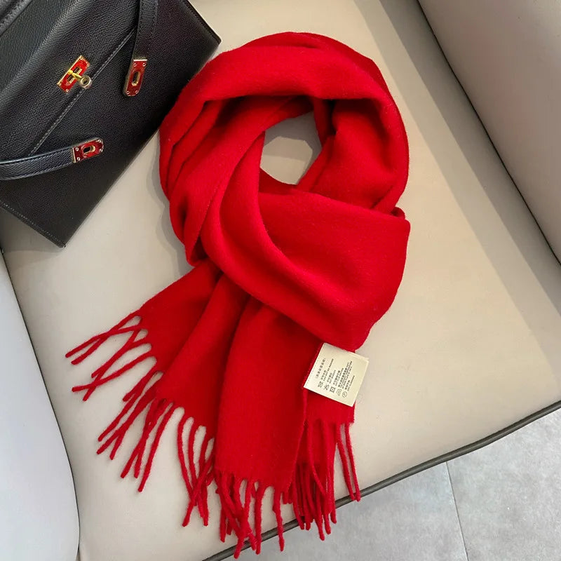 China Red Pure Wool Scarf Women's Autumn and Winter Warm Mother Scarf Light Luxury High-end Fringed Shawl