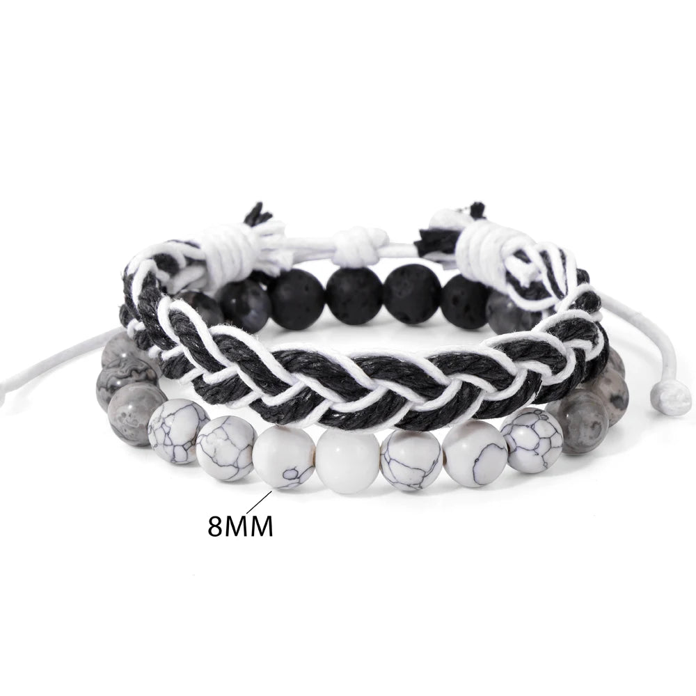 Tejesa 2pcs/set Boho Handmade Braided Rope Bracelet Natural Stone Lava Volcanic Beads Charm Bracelets Set Jewelry for Men Women Gift