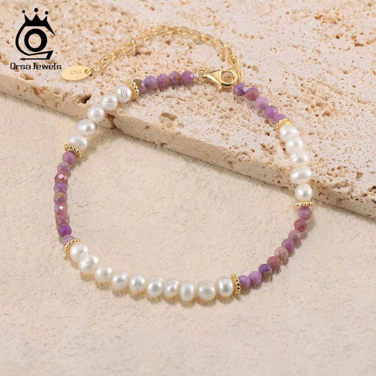 ORSA JEWELS 14K Gold 925 Sterling Silver Purple Mica Chain Bracelet with Exquisite Natural Pearl for Women Jewelry MPB02