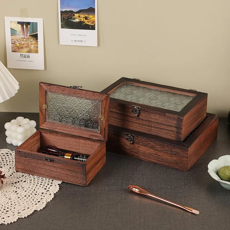 Retro Crabapple Flower Glass Covered Solid Wood Box for Home Miscellaneous Items Dried Fruit Certificates Dust-proof Storage Box