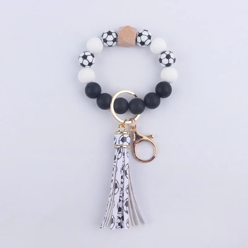 Food Grade Silicone Round Beaded Keychain Fashion Women Wristlet Bracelet Keyring For Anti-Loss Lobster Clasp Keychain Jewelry