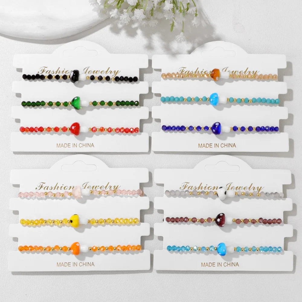 Tejesa 3pcs Handmade Crystal Glass Beads Bracelet Cute Mushroom Charm Bracelets for Women Girls Lucky Fashion Set Jewelry Gift 3x4mm
