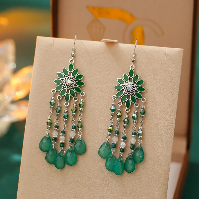 Hemasa Flower Drop Dangle Earrings For Women Enamel Crytal Geometric Jewelry Beads Handmade Tassel Earings