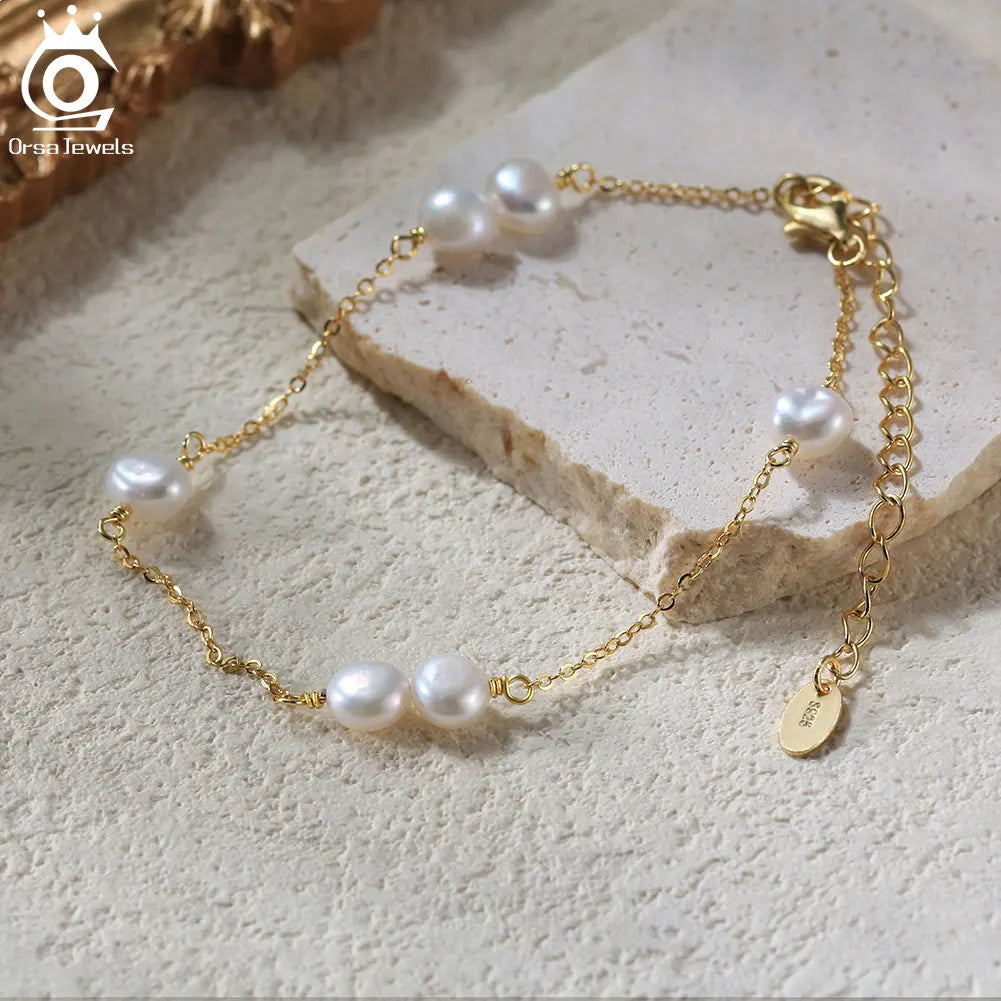 ORSA JEWELS 925 Sterling Silver Pearl Bracelet for Women Girls Vintage Pearls Link Chain Bracelet Fashion Jewelry GPB27