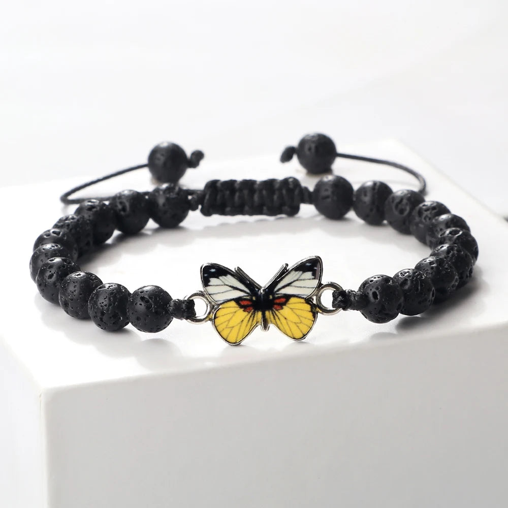 Vintage Natural Stone Agate Bracelets Charm Yellow Butterfly Adjustable Bangles Yoga Jewelry 6mm Black Lava Onyx Beads Bracelet