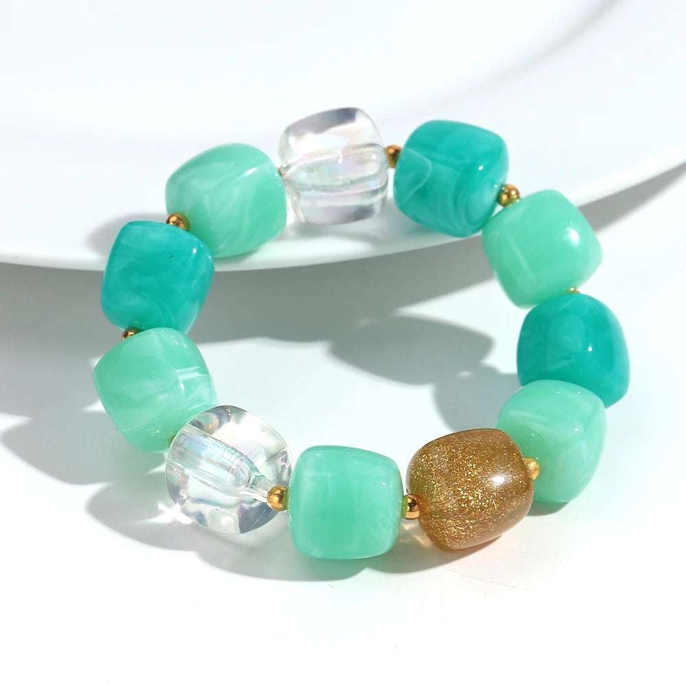 New Multicolor Acrylic Geometric Bead Bracelet for Women Trendy Resin Irregular Square Elastic Bracelets Handmade Jewelry Gift