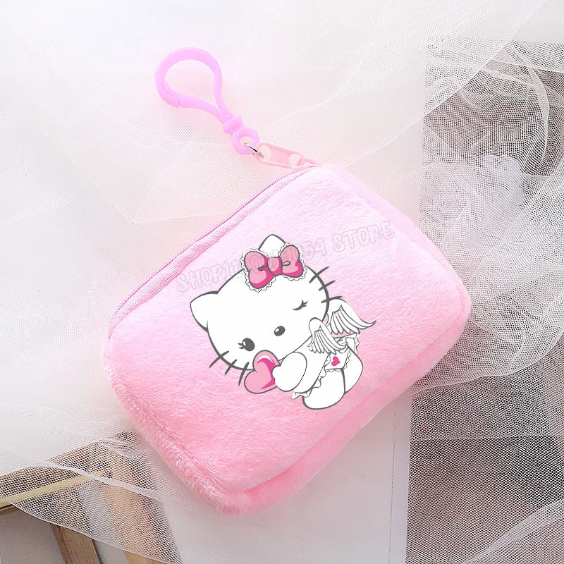 Hemasa  Hello Kitty Mini Plush Coin Purse  / Pink Canvas Square Storage Bag Key Case Handbag Kids Girls Birthday Gifts